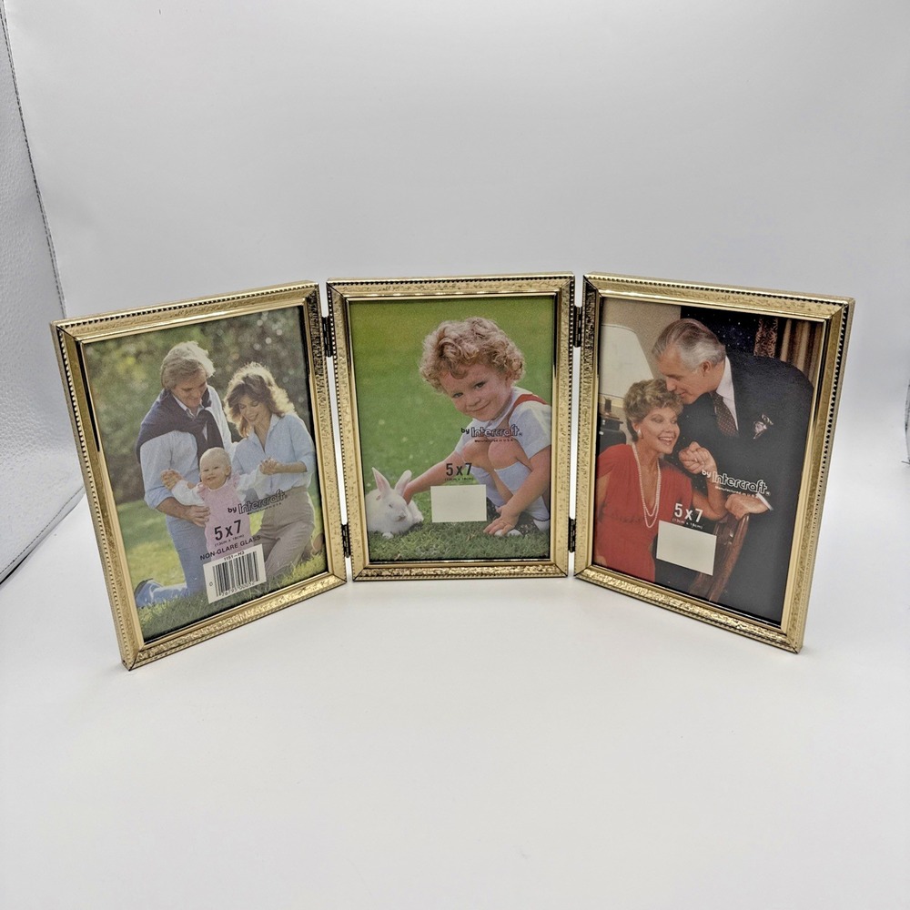 NEW VTG  INTERCRAFT 5x7 Tri-Fold Metal Picture Frame Hinged Gold Brass Tone MCM